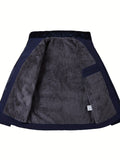 kkboxly  Warm Fleece Winter Jacket, Men's Casual Stand Collor Zipper Pockets Jacket Coat