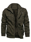 kkboxly  Warm Plush Fleece Cotton Jacket, Men's Casual Zipper Pockets Stand Collar Jacket Coat For Fall Winter