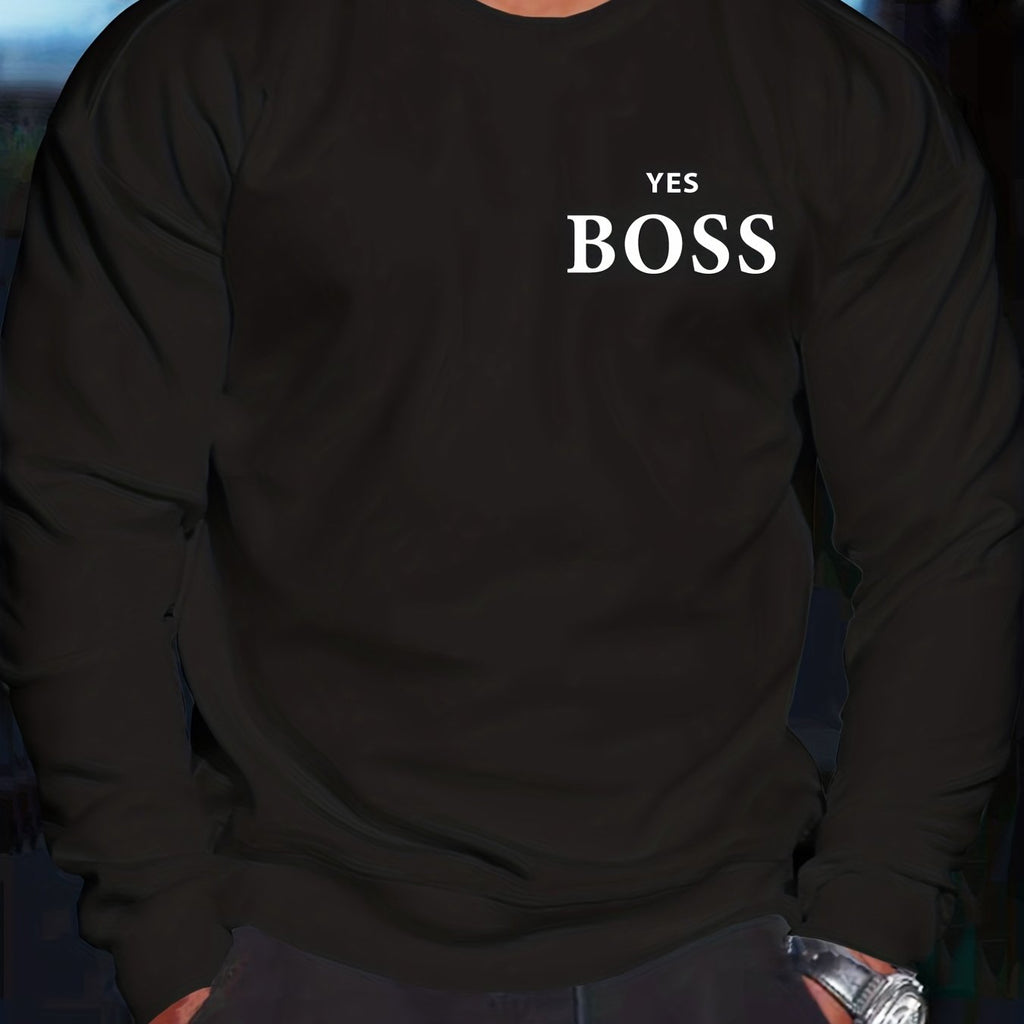 kkboxly  ' Yes Boss ' Print Crew Neck Sweatshirt Pullover For Men Solid Color Sweatshirts For Spring Fall Long Sleeve Tops