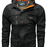 kkboxly  Multi Pocket Hooded Windbreaker Jacket, Men's Casual Quick Drying Military Jacket Coat For Fall Winter Outdoor Activities