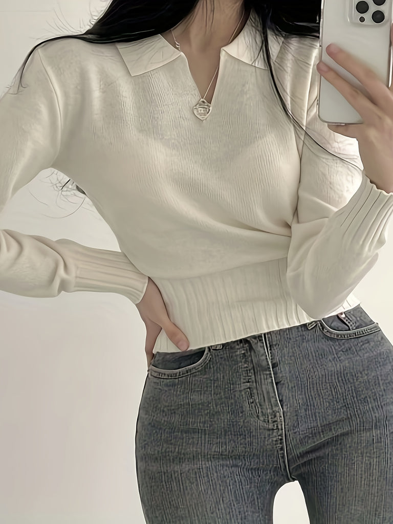 Solid Notched  Collar Pullover Sweater, Casual Long Sleeve Crop Sweater For Spring & Fall, Women's Clothing