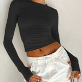 kkboxly  Slim Solid Crew Neck T-Shirt, Y2K Long Sleeve T-Shirt For Spring & Fall, Women's Clothing