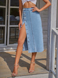 Blue Single-Breasted Button Denim Skirt, High Waist Non-Stretch Casual Denim Skirt, Women's Denim Clothing