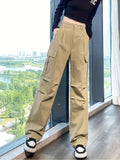 kkboxly  Solid Straight Leg Cargo Pants, Y2K Flap Pocket High Waist Loose Pants, Women's Clothing