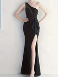 kkboxly  Mesh Panel One-shoulder Dress, Elegant Sleeveless Split Hem Dress For Party & Banquet, Women's Clothing
