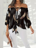 kkboxly  Plus Size Elegant Top, Women's Plus Sunflower Print Off Shoulder Drawstring Lantern Sleeve Cut Out Top