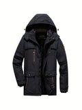 kkboxly Warm Fleece Flap Pocket Jacket For Fall Winter, Men's Casual Hooded Windbreaker Jacket For Outdoor Climbing Camping