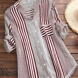 kkboxly  Plus Size Casual Blouse, Women's Plus Stripe Print Button Up Roll Up Sleeve Stand Collar Round Hem Slight Stretch Blouse