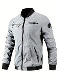 kkboxly  Men's Letter Embroidered Casual Bomber Jacket, Plus Size Male Clothing