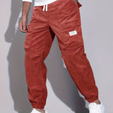 kkboxly  Men's Stylish Solid Corduroy Cargo Joggers With Pockets, Causal Breathable Drawstring Men's Bottom Clothing For City Walk Street Hanging Outdoor Activities