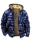 Printed Warm Fleece Coat, Men's Casual Hooded Warm Thick Jacket For Fall Winter