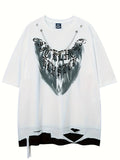 kkboxly kkboxly Hip Hop Style Letter Pattern Men's Fake Two-piece Ripped Short Sleeve Loose Round Neck T-shirt For Summer, Men's Cotton Comfy Top