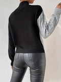 kkboxly  Two-tone Mock Neck Pullover Sweater, Casual Button Front Long Sleeve Sweater, Women's Clothing