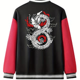 kkboxly  Mythic Creature Dragon Pattern Casual Lightweight Plush Varsity Jacket, Men's Jacket For Fall Winter Outdoor