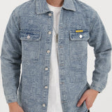 kkboxly  Chinese Character Print Denim Jacket, Casual Street Style Lapel Button Up Jacket