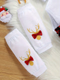 My First Christmas Baby Girl Outfits, Newborn Cartoon Deer & Letter Print Long Sleeve Ruffle Romper + Plaid Suspender Skirt + Leg Warmer 3pcs For 0-18 Months Babies, Outdoor Cloth