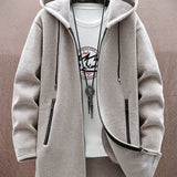 kkboxly  Warm Mid-length Hooded Fleece Coat, Men's Comfortable Solid Color Zip Up Knitted Cardigan For Spring Fall