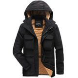 kkboxly  Men's Multi-pocket Windproof Waterproof Cargo Jacket Warm Coats Fleece Lined Military Jackets Cotton With Removable Hood