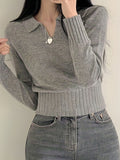 Solid Notched  Collar Pullover Sweater, Casual Long Sleeve Crop Sweater For Spring & Fall, Women's Clothing