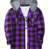 kkboxly  Plaid Shirt Coat For Men Long Sleeve Casual Regular Fit Button Up Hooded Shirts Jacket