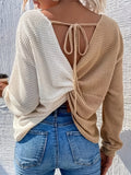 kkboxly Color Block Twist Back Top, Versatile V-neck Top For Spring & Fall, Women's Clothing