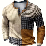 kkboxly  Vintage Color Block Pattern Men's Casual Long Sleeve Round Neck Henley Shirt, Spring Fall Outdoor