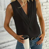 kkboxly   Ruched V Neck Blouse, Casual Sleeveless Solid Versatile Blouse, Women's Clothing