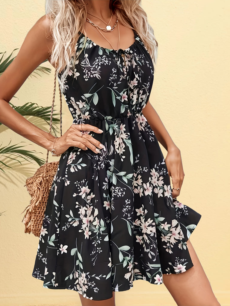 Kkboxly  Vintage Floral Print Cami Dress, Sexy Pleated Sleeveless Dress, Women's Clothing