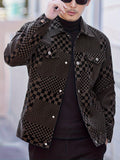kkboxly  Men's Casual Checkerboard Pattern PU Leather Jacket, Button Up Lapel Jacket