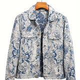 kkboxly  Jacquard Weave Denim Jacket, Men's Casual Street Style Chic Button Up Jacket