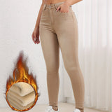 Fleece Liner Washed Skinny Jeans, Mid-Stretch Slant Pockets Slim Fit Tight Jeans, Women's Denim Jeans & Clothing