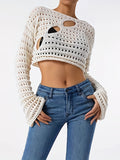 kkboxly  Y2K Crochet Crop Top, Long Sleeve Solid Casual Top, Women's Clothing