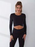kkboxly  Solid Color Asymmetrical Hem Long Sleeve Sports Crop Top, Round Neck Pullover Yoga Crop Top, Women's Tops