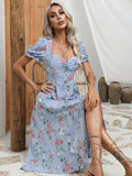 kkboxly  Floral Print Sweetheart Neck Dress, Vacation Puff Sleeve Split High Waist Dress, Women's Clothing