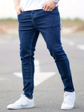 kkboxly Slim Fit Cotton Jeans, Men's Casual Solid Color Mid Stretch Denim Pants For Spring Summer