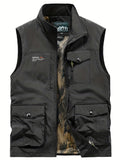 kkboxly  Zipper Pockets Cargo Vest, Men's Casual Outwear Stand Collar Zip Up Vest For Spring Summer Outdoor Fishing Photography
