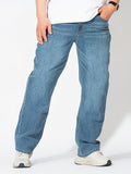 kkboxly  Plus Size Men's Mid Rise Light Indigo Straight Leg Stretch Comfortable Fit Jeans, Casual Trendy Oversized Long Pants