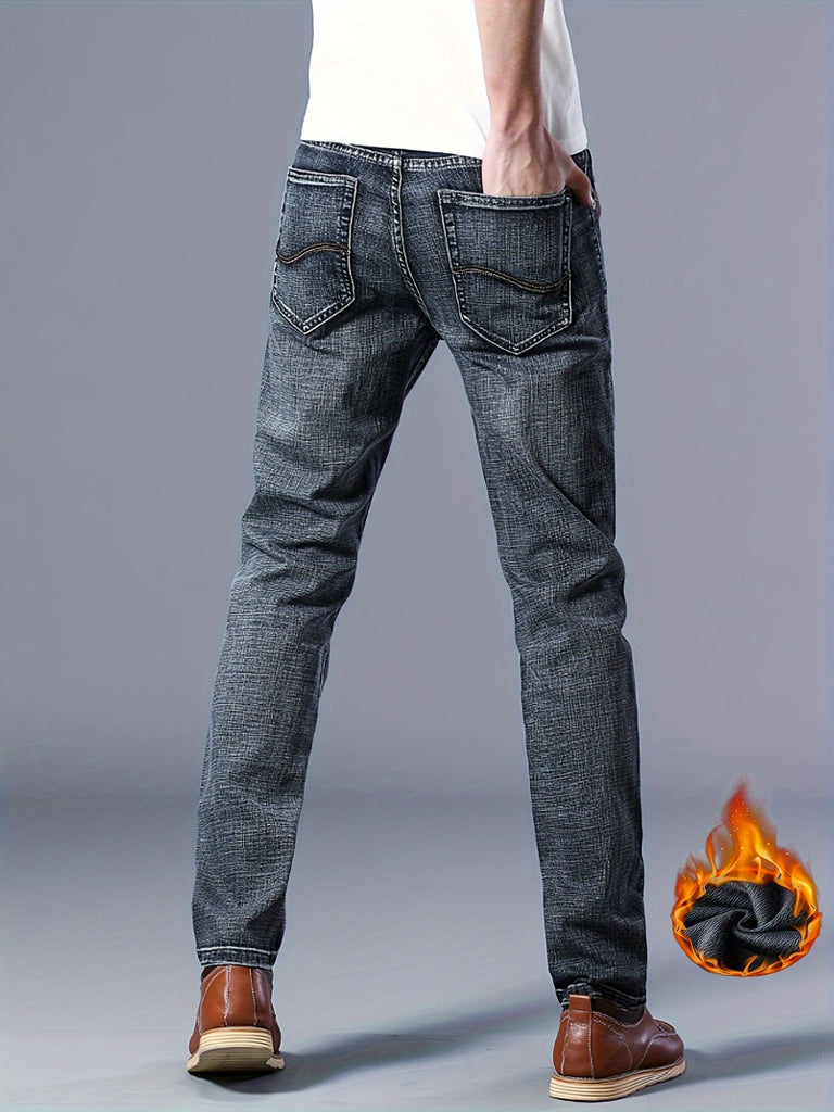 kkboxly  Warm Fleece Straight Leg Jeans For Business, Men's Semi-formal Denim Pants For Fall Winter