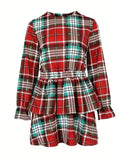 kkboxly Plaid Pattern Layered Dress, Vintage Crew Neck Long Sleeve Dress, Women's Clothing