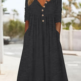kkboxly  Dual Pockets Button Dress, Casual Crew Neck Long Sleeve Dress, Women's Clothing