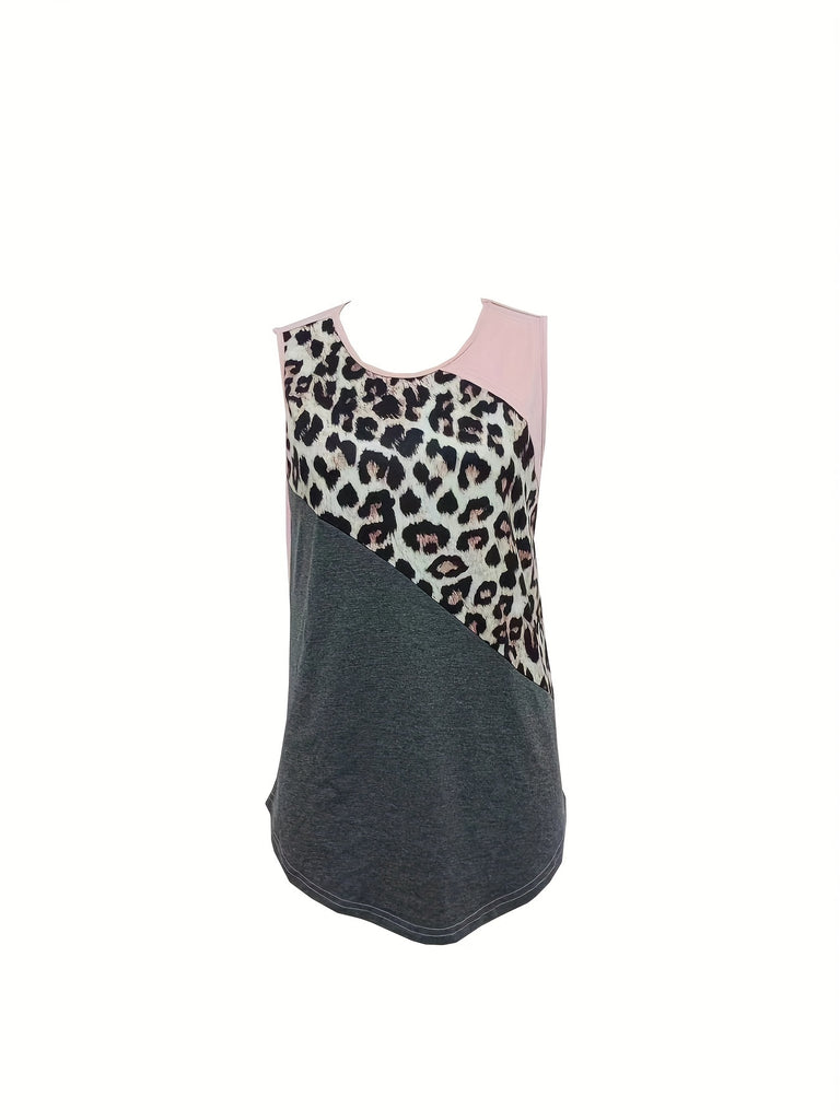 kkboxly  Color Block Leopard Print Tank Top, Casual Sleeveless Tank Top For Summer, Women's Clothing