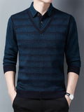 kkboxly  All Match Knitted Striped Fake 2 Piece Sweater, Men's Casual Warm High Stretch Pullover Sweater For Men Fall Winter