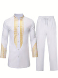 kkboxly Men's African 2 Pcs Set Long Sleeve Gold Print Cotton Dashiki And Pants Outfit Traditional Suit