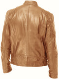 kkboxly  Men's Faux Leather Windbreaker Plain Zipper Stand Collar Long Sleeve PU Jacket For Motorcycle