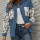 kkboxly  Corduroy Leopard Print Stitching Coat, Casual Lapel Long Sleeve Button Down Fashion Loose Outerwear, Women's Clothing
