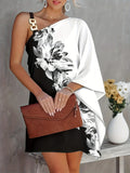 Kkboxly  Floral Print Slant Neck Off Shoulder Dress, Elegant Asymmetrical Batwing Sleeve Mini Drape Club Party Dresses, Women's Clothing