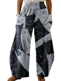 kkboxly  Women's Pants Mid Waist Cat Print Pocket Long Length Pants