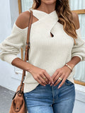 kkboxly  Criss Cross Solid Knit Sweater, Casual Cold Shoulder Long Sleeve Sweater, Women's Clothing