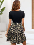 kkboxly  Contrast Leopard V Neck Belted Dress, Elegant Short Sleeve Dress For Spring & Summer, Women's Clothing