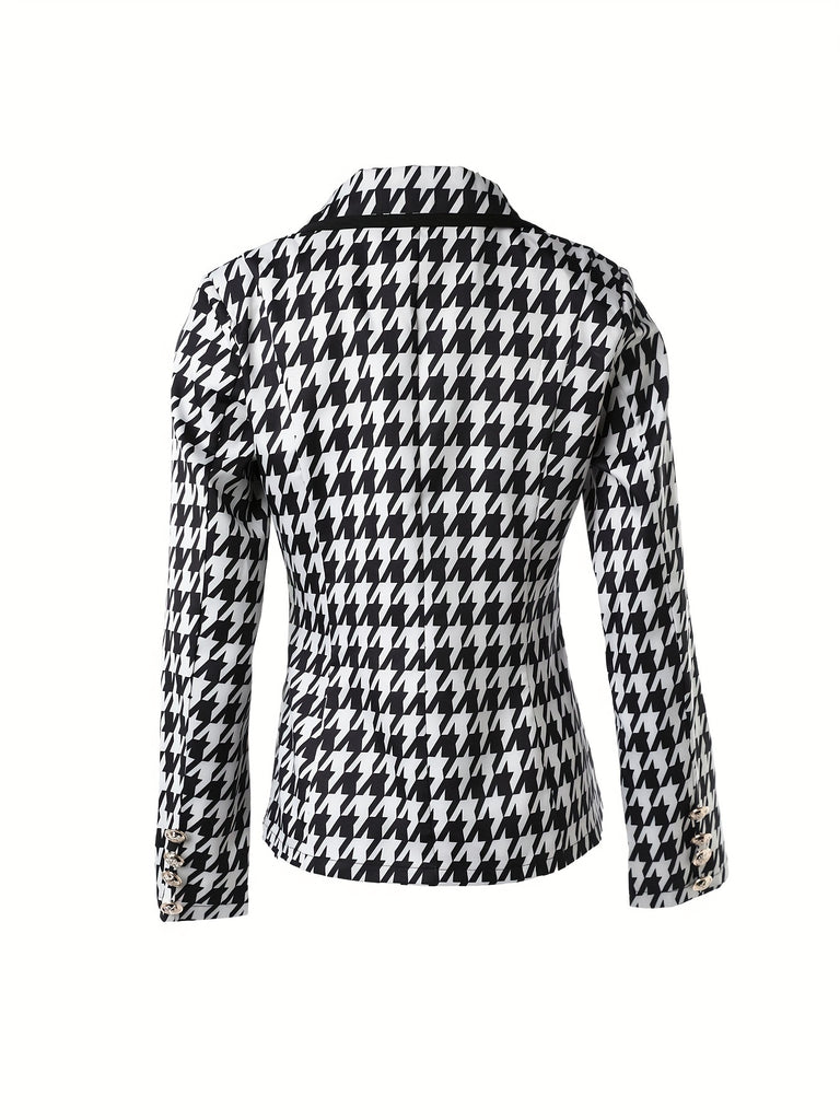 Houndstooth Double Breasted Decor  Blazer, Elegant Lapel Open Front Blazer For Office & Work, Women's Clothing